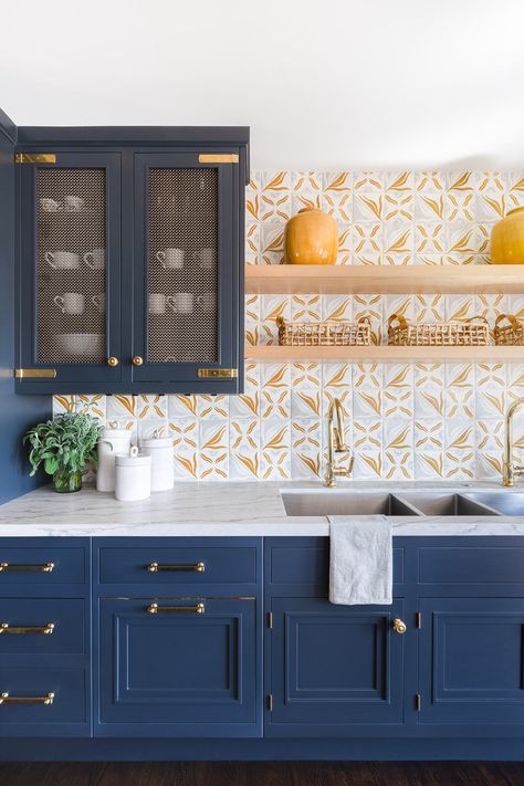 Taylor Anne Interiors Riviera Portuguese Kitchen, American Kitchen Design, Printed Tile, American Kitchen, Blue Cabinets, Moroccan Tiles, Butler's Pantry, Central American, Southern Home