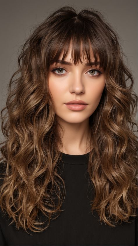 Wavy Perm With Bangs, Low Maintenance Bangs Wavy Hair, Bangs Hairstyles Curly Hair, Haircuts For Wavy Curly Hair Long Layered Bangs, Long Curly Layered Hair With Bangs, Asian Perm Women Medium Hair, Bridesmaid Updo With Bangs, Long Haircut Ideas With Bangs, Jessica Day Hair