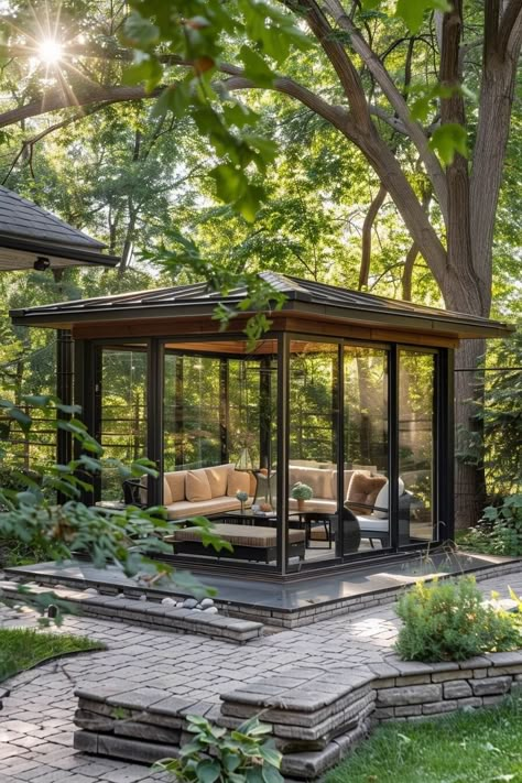 modern gazebo with glass walls Glass House Garden, Deck Gazebo, Pergola Outdoor, Gazebo On Deck, Modern Gazebo, Screened Gazebo, Outdoor Gathering Space, Beautiful Outdoor Living Spaces, Gazebo Ideas