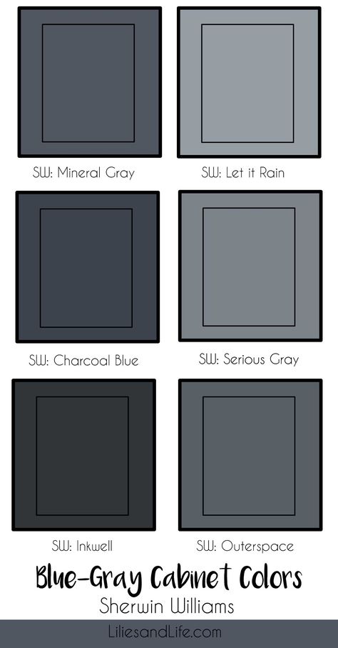 Gray Kitchen Cabinets With Dark Counters, Gray Kitchen Cabinets 2023, Cabinet Colors Blue Gray, Navy Blue Kitchen Cabinets With Gray Floors, Blue Gray Cabinets Bathroom, Charcoal Paint Kitchen Cabinets, Grey Cabinet Colors Sherwin Williams, Blue Grey Cabinet Colors, Mineral Grey Sherwin Williams