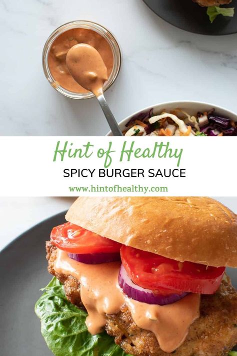 This spicy burger sauce tastes great, is easy to make, and stores well in a refrigerator for several weeks! A delicious homemade condiment made with mayonnaise and ketchup, with healthier alternatives available. The easiest way to make burger sauce spicy is by adding sriracha, or any other hot sauce that you like. Vegan and dairy free option. Perfect on hamburgers, chicken burgers and more. Spicy Sauce For Burgers, Southwest Burger Sauce, Chicken Burger Sauce Recipes, Best Chicken Burger Sauce, Sauce For Chicken Burgers, Burger Sauce No Mayo, Spicy Burger Sauce Recipe, Spicy Sandwich Sauce, Chicken Burger Sauce