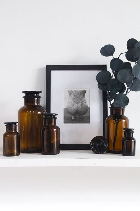 Dark Moody Bathroom, Bathroom Apothecary, Framed Floor Mirror, Candle Product Photography, Wood And Metal Furniture, Modern Apothecary, Quirky Vases, Nola House, Black And White Room