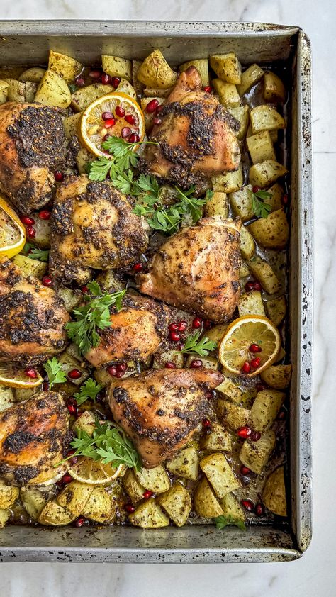 Delectable Zaatar Chicken and Roasted Potatoes - Cooking with Zahra Mediterranean Chicken Legs Recipes, Recipes With Zaatar, Zaatar Recipe Dinners, Zatar Chicken Recipes, Roasted Potatoes And Chicken, Zaatar Recipes, Chicken And Roasted Potatoes, Slow Roast Chicken, Whole Chicken Recipes Oven