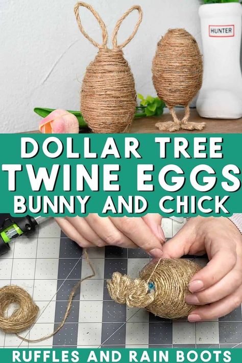 You can make these Dollar Tree twine Easter eggs with jute cord, wired twine, and a hot glue gun. Turn the plastic eggs into an adorable farmhouse Easter decor idea perfect for tiered trays and more. What To Do With Plastic Easter Eggs, Gnome Doors, Easter Fabric Crafts, Dollar Tree Easter Crafts, Fun Easter Decorations, Crafts 2024, Peat Pots, Primitive Easter, Easter Arts And Crafts