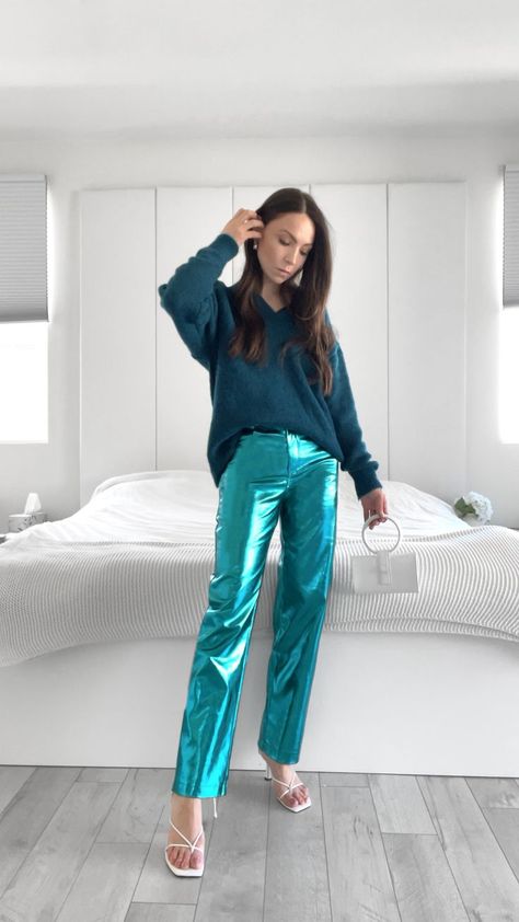 All blue outfit 💙⚡️ Metallic pants, Teal sweater, Blue sweater, Teal metallic pants, Spring outfit, and Cute spring outfit. Teal Monochromatic Outfit, Metallic Sweater Outfit, Teal Sweater Outfit, Teal Pants Outfit, Metallic Pants Outfit, All Blue Outfit, Blue Sweater Outfit, Turquoise Clothes, Teal Skirt