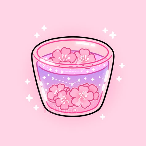 #cherry #blossom #tea #cup #drink #cute #kawaii #sakura #flowers #pink #purple #stars #sparkles #glass #soft #aesthetic #digitalart #digitalartist #art #drawing #illustration #sticker Sakura Doodle, Cherry Blossom Tea, Kawaii Boba, Kawaii Flowers, Purple Stars, Bottle Drawing, Sakura Flowers, Food Illustration Art, Cute Food Drawings