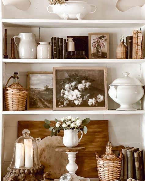 SJ on Instagram: “Happy Wednesday friends!🤍 I love vintage artwork but sometimes they are not easy to find. These gorgeous vintage inspired prints that I…” Cabin Shelves, Large Wall Shelves, European Farmhouse Decor, French Cottage Style, Wednesday Friends, Thrifted Decor, Floating Shelf Decor, Glamour Decor, Shelf Decor Living Room