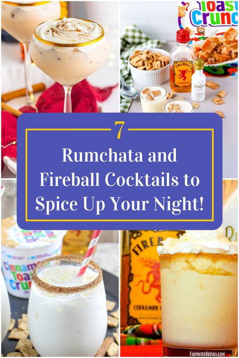 Collage of 4 rumchata and fireball cocktails. Rum Chata And Fireball Drinks, Fireball Cocktail Recipes, Fun Fall Drinks, Fireball And Cream Soda, Rumchata And Fireball, Fireball Drinks Recipes, Horchata Cocktail, Rumchata Cocktails, Soda Drinks Recipes