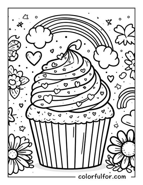 Free Easy Coloring Pages, Cupcake Colouring, Free Printable Coloring Pages For Adults, Pizza Fruit Dessert, Coloring Pages Coffee, Coloring Hello Kitty, Lisa Frank Coloring Pages, Cute Food Coloring Pages, Rainbow Coloring Page