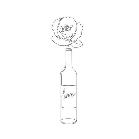 Bottle Wine Tattoo, Wine Bottle With Flowers Tattoo, Wine Bottle Tattoo, Romantic Line Art, Wine Line Art, Tiny Sketches, Wine Bottle Flowers, Art For Print, Wine Illustration