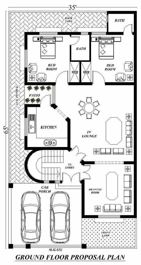 10 Marla House Plan 35*65, 35x65 House Plans, 35x50 House Plans, Drive Through Garage, 10 Marla House Plan, Home Blueprints, Drawing House Plans, 30x40 House Plans, 2bhk House Plan