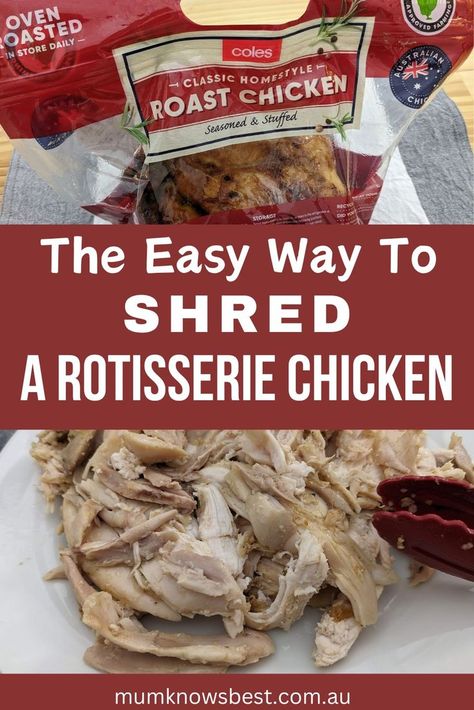 The easy way to shred a rotisserie chicken - zip lock bag kitchen hack by Mum Knows Best. How To Shred A Rotisserie Chicken, How To Debone A Rotisserie Chicken, Deboning Rotisserie Chicken, Rotisserie Chicken Uses, Rotisserie Chicken Breast, Zip Lock Bag, Wing Sauce, Whole Chicken, Roast Chicken