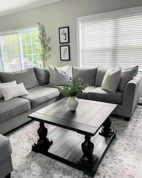 Grey Couch With Accent Ottoman, Living Room With Gray Couch Decor, Gray Couch Black Coffee Table, Gray Black Neutral Living Room, Gray Walls Gray Couch, White Living Room Gray Couch, Grey Couch Black Coffee Table Living Room, Dark Grey Couch Living Room Ideas Cozy, Neutral Living Room With Black Couch