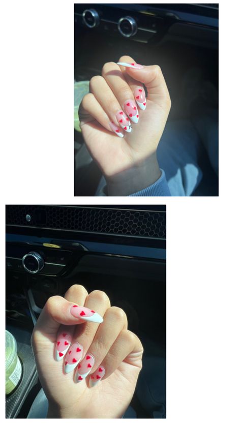 French tip with small red heart design, and partners initial “M” Small Red Heart, Red Heart Design, Initial M, Valentine Nails, Valentines Nails, Heart Design, Red Heart, Initials, Nails