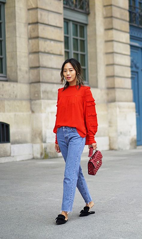 Shop the easy, crowd-pleasing outfit ideas bloggers are wearing right now. | style information | fashion Red Color Outfits, Outfit Blouse, Bright Sweater, Aimee Song, Color Outfits, Outfit Formulas, Fall Clothing, Red Blouse, Denim Style