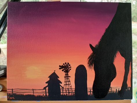 Farm Silhouette Painting, Western Sky Painting, Sunset Farm Painting, Windmill Sunset Painting, Cows And Sunsets, Sunsets On A Farm, Sunrise Painting, Farm Paintings, Silhouette Painting