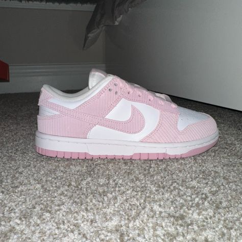 Hi Everyone, I'm Selling These Brand-New Pink Corduroy Nike Dunk Lows, Which I Purchased On Goat But Accidentally Got In The Wrong Size. The Good News Is That They've Never Been Worn And Are In Perfect Condition As Well As They Are Still In The Box That They Originally Arrived In. They're A Size 5.5 Women's/4 Men's. I'm Selling Them For $115 Usd, But I'm Willing To Negotiate The Price. Send Me A Dm For More Information! Nike Dunk Low Pink Corduroy, Pink Panda Dunks, Trendy Shoes For Teens, Light Pink Dunks, Quince Rose Gold, Shoes To Get, Nike Pink Shoes, Air Jordan Pink, Cute Pink Shoes