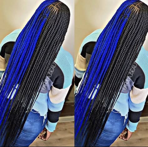 Knotless Box Braids Blue And Black, Feed In Braids Blue, Blue And Black Braids For Black Women, Pink And Blue Hairstyles, Braids With Blue Hair, Box Braids With Blue, Box Braids Hairstyles Blue, Blue Braided Hairstyles For Black Women, Peak A Boo Braids Blue