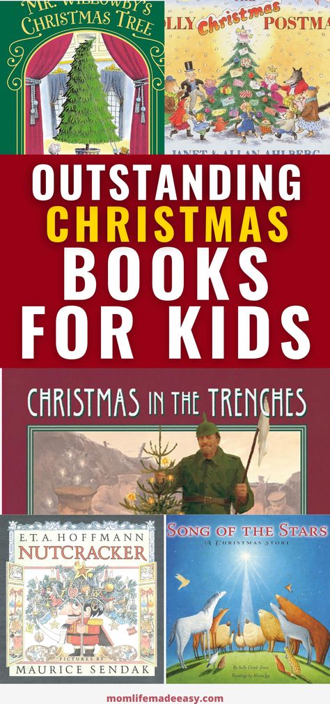 collage of children's christmas book titles and text that reads "outstanding christmas books for kids" Classic Christmas Books For Kids, Christmas Book And Craft Kids, Best Christmas Picture Books, Best Christmas Books For Kids, Christmas Book Activities, Kids Christmas Books, Toddler Christmas Books, Read Aloud Chapter Books, Christmas Tree Classic