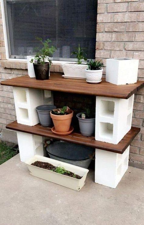 Outdoor Shelf Ideas, Diy Outdoor Shelf, Outdoor Shelf, Cinder Block Furniture, Outdoor Shelves, Back Deck Decorating, Small Deck Decorating Ideas, Garden Decor Projects, Deck Decorating Ideas