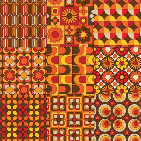 Download the mod seamless yellow orange brown patterns 342634 royalty-free Vector from Vecteezy for your project and explore over a million other vectors, icons and clipart graphics! Retro Fabric Patterns, 70s Interior Design, Lego Print, Orange Color Palettes, Retro Graphic Design, Abstract Pattern Design, Motif Vintage, Retro Fabric, Orange Pattern