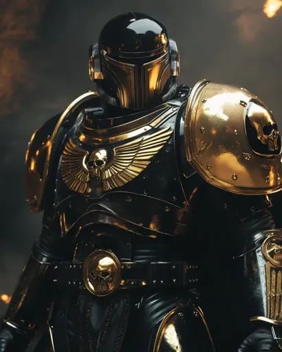 ↑↑↑ Larger size on website 🔸 A figure clad in black and gold armor stands against a smoky background. The armor is intricate and Black And Gold Armor, Smoky Background, Black And Gold Aesthetic, Gold Armor, Gold Aesthetic, Black And Gold, Gold, Black