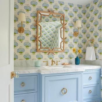 Katie Ridder, Bamboo Mirror, Peony Wallpaper, Beautiful Houses Interior, Blue Cabinets, Girls Bathroom, Bathroom Redo, New Traditional, Bathroom Renos