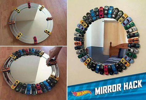 Cute idea for a little boys room. Hot wheels mirror. Diy Hot Wheels Mirror, Hot Wheels Crafts, Hot Wheels Bedroom, Hot Wheels Diy, Hot Wheels Room, Mirror Hack, Toy Car Storage, 2 Kings, Diy Toy Storage