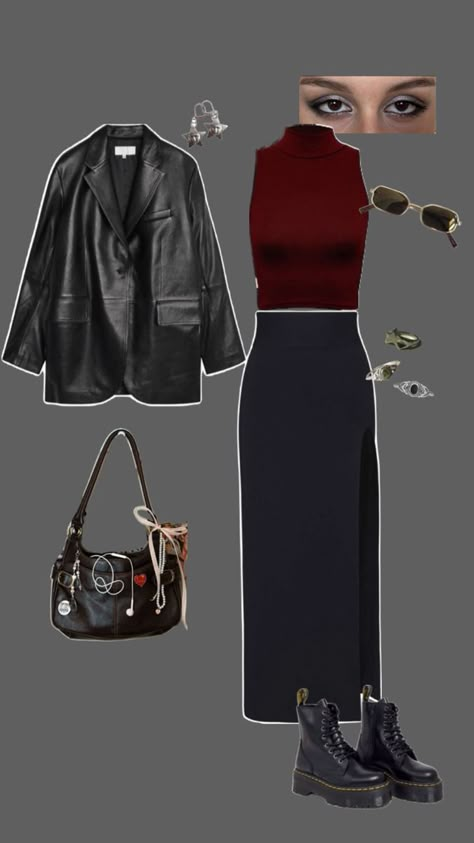 Autumn Outfits Birthday, Red And Black Fall Outfits, Hogwarts Fashion Inspired Outfits, Smart Work Outfits Women Business Casual, Shacket With Skirt, 90s Rock Aesthetic Outfits, Feme Fatal Outfits, Black Witchy Outfits, Dark Feminine Outfits Ideas