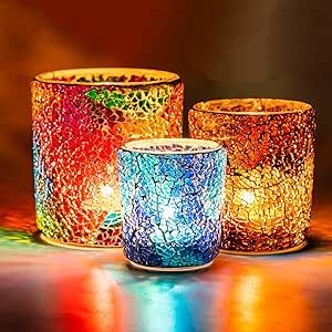 Mosaic candle holder Glass Candle Jars, Make Candles, Glass Tealight Candle Holders, Mosaic Candle, Romantic Table, Glass Votive Candle Holders, Tealight Candles, Glass Tea Light Holders, Tea Light Candle Holder