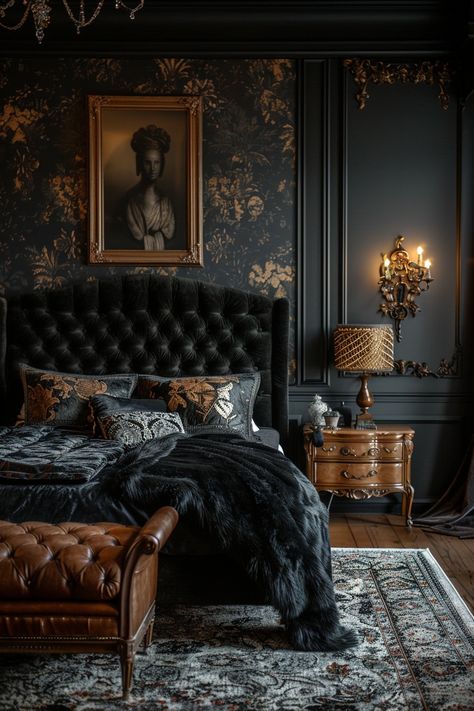 Dark Cozy Bedroom, Gothic Bedroom, Moody Bedroom, Dark Bedroom, Modern Luxury Bedroom, Relaxing Bedroom, Black Bedroom, Vintage Bedroom, Dark Interiors