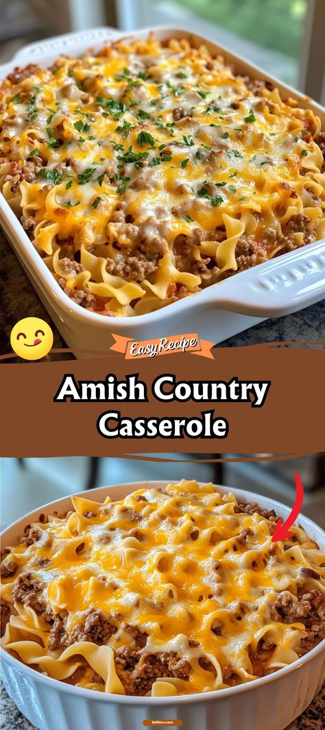 Enjoy a taste of comfort with this Quick Amish Country Casserole. It's a hearty mix of tender pasta, seasoned ground beef, and a creamy sauce, all baked until bubbly and golden. Simple to prepare and utterly satisfying, it's the perfect dish for a cozy family dinner. #AmishRecipes #EasyCasserole #FamilyDinner 1950s Casserole Recipes, Amish Beef Noodles, Amish Pasta Casserole, Egg Noodle Beef Casserole, Amish Country Casserole Ground Beef, Ground Beef And Eggs Recipes For Dinner, Amish Casserole Ground Beef Egg Noodles, Cozy Casseroles Comfort Foods, Amish Noodle Casserole