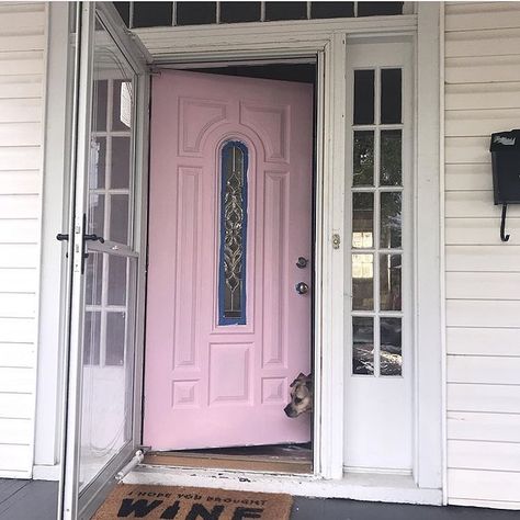 Pink Front Door, Pink Door, Painted Front Doors, Glass Front Door, Master Bedrooms Decor, Everything Pink, White Walls, White Frame, Front Door