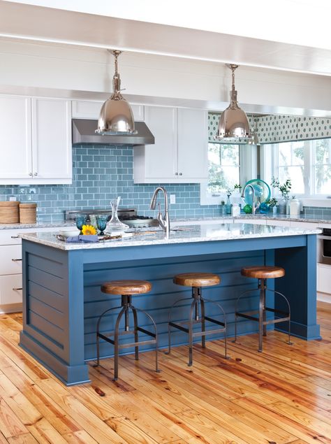 Treehouse Boathouse - Beach Style - Kitchen - Other - by Big Sky Design | Houzz Blue Backsplash Kitchen, Blue Kitchen Designs, Beach Style Kitchen, Blue Kitchen Island, Blue White Kitchens, Blue Backsplash, Beach House Kitchens, Transitional Kitchen, Blue Kitchens