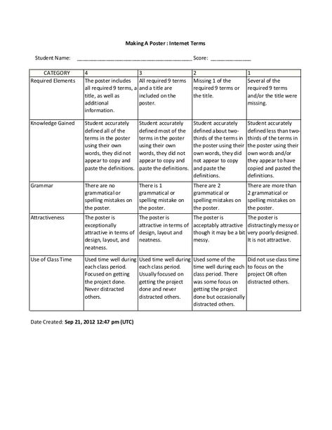 Making	  A	  Poster	  :	  Internet	  Terms  Student	  Name:	  	  	  	  	  ________________________________________Score:	 ... Poster Rubric, Student Writing, Rubrics, For Free, Internet, Writing, Quick Saves