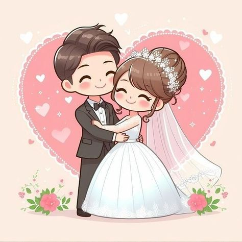 Bride And Groom Cartoon Cute, Wedding Illustration Drawings, Bride Images, Wedding Cartoon, Love Template, Bride And Groom Cartoon, Anniversary Pics, Wedding Couple Cartoon, Groom And Bride