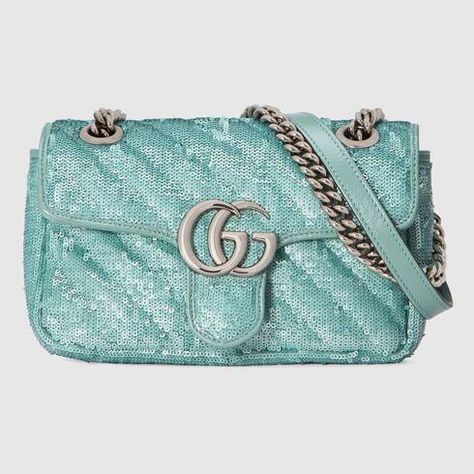 Gucci Gg Marmont Mini, Gucci Marmont Bag, Gg Marmont Mini, Gucci Gg Marmont, Card Case Wallet, Green Sequins, Gg Marmont, Mini Shoulder Bag, Pastel Green