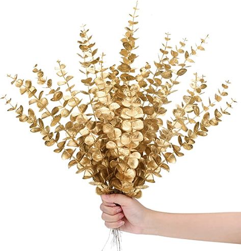 Gold Flower Arrangements, Fake Leaf Decor, Cocktail Stand, Greece Theme, Gold Eucalyptus, Wedding Party Bouquets, Eucalyptus Stems, Farmhouse Vase, Faux Eucalyptus