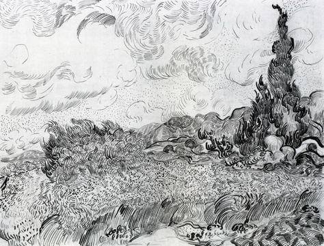 Cypress drawing – Vincent van Gogh Wheat Field With Cypresses, Van Gogh Drawings, Van Gogh Landscapes, Drawing Scenery, Georges Seurat, Landscape Sketch, Arte Van Gogh, Drawing Faces, Van Gogh Museum