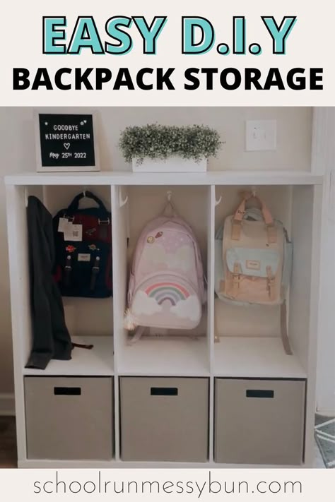 Backpack Storage Locker, Kids School Bag And Coat Storage, Locker Coat Storage, Kids Front Door Storage, Backpack Storage No Mudroom, Bag Storage Kids, Ikea School Bag Storage, Storage Cube Entryway, Rainboot Storage Ideas