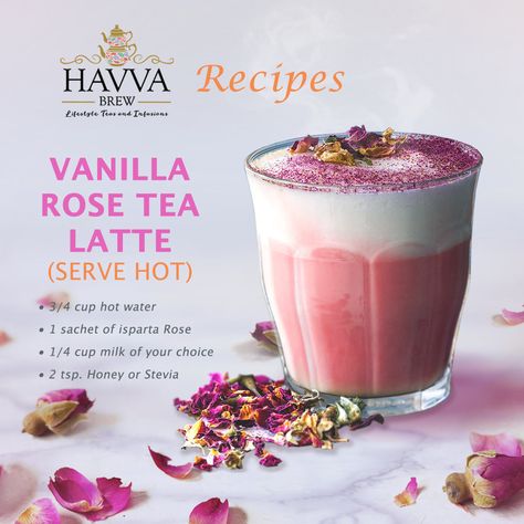 Vanilla Rose Tea Latte Tea Shop Ideas Business, Rose Latte Recipe, Simple Drinks, Strawberry Latte, Rose Milk Tea, Rose Food, Rose Drink, Tea Business, Rose Latte