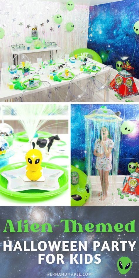 Alien-Themed Halloween Party for Kids or Tweens - Fern and Maple Alien Party Favors, Alien Photo Booth, Diy Alien Party Decorations, Alien Bday Party, Alien Party Theme, Alien Invasion Party, Alien Party Games, Alien Themed Food, Alien Halloween Party