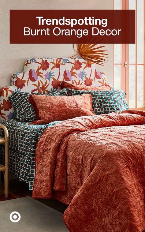 Add inviting fall hues to your bedroom with chunky textures in burnt orange. From soft bedding & duvets to comfy pillows, pile on & cozy up! Burnt Orange Decor, Bedding Decor, Bedroom Orange, Orange Decor, Velvet Quilt, Percale Sheets, Quilted Sham, Vintage Velvet, Decorating On A Budget