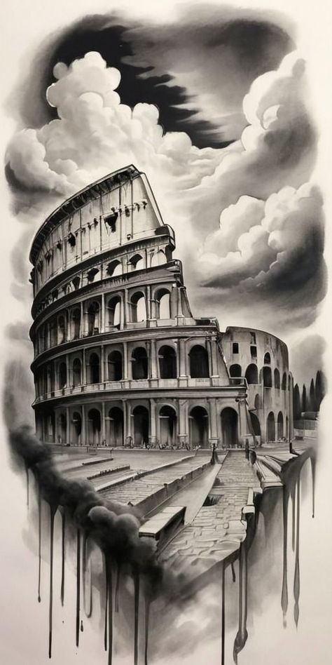 Greek Tattoo Drawing, Greek Colloseum Tattoo, Greek Colosseum Tattoo, Pantheon Tattoo, Coliseum Tattoo Design, Greece Mitology Tattoo Design, Greek Building Tattoo Design, Colleseum Rome Tattoo, Greek Tattoo