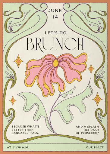 Customize 'Bloom Nouveau' Brunch Invitation online and send via email, text message, or a shareable link. Instantly track deliveries and opens, and message recipients. Cottagecore Invitation Template, Tea Party Graphic Design, Wedding Invitations Quirky, Flower Party Invitations, 70s Party Invite, 28th Birthday Party Ideas, Canva Invitation Ideas, Cute Invitation Cards, 30th Invite