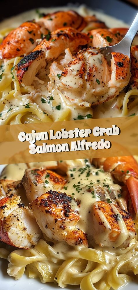 Craving a deliciously creamy seafood dish? Dive into this Cajun Lobster Crab Salmon Alfredo! Perfectly blending rich flavors with a spicy kick, this inviting recipe is a true feast for seafood lovers. Ideal for a cozy dinner at home, this dish combines succulent lobster, sweet crab, and tender salmon in a luscious Alfredo sauce. It's an indulgent treat that will wow your taste buds and become a favorite go-to meal. Whether hosting a dinner party or enjoying a special meal for two, this recipe promises an unforgettable dining experience! Cooked Crab Recipes, Salmon Alfredo, Creamy Seafood, Seafood Dish Recipes, Meal For Two, Lobster Dinner, Crab Stuffed Shrimp, Delicious Seafood Recipes, Cozy Dinner