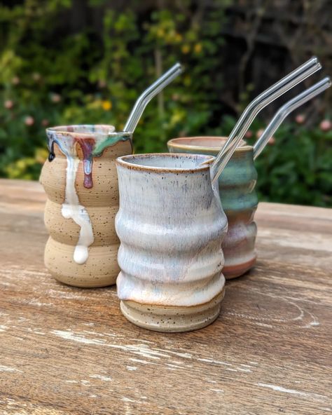 New straw cups! Perfect for the warmer weather, what would you have in yours? #ceramicsofinstagram #ceramics #pottery #pottersofinstagram #strawcup #cups Ceramic Ideas Pottery, Smoothie Straw, Cocktail Cup, Beginner Pottery, Glaze Paint, Pottery Form, Iced Coffee Cup, Pottery Cups, Cup With Straw