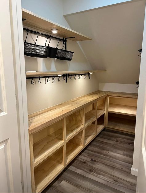 Storage Area Under Stairs, Large Under Stairs Ideas, Garage Under Stairs Storage, Under Stair Pantry Storage, Staircase Pantry Ideas, Under Stairwell Pantry, Coat Closet Under Stairs Ideas, Under Stairs Pantry Design, Storage Room Ideas For Small Spaces