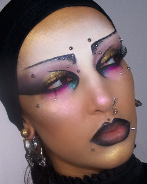 Man repellent makeup 😈 (part 2) inspired by @verakovaleva.inc ⛓️ The right angled brow is especially threatening!!! Earrings by @claudiapink, so perfect for this look #manrepeller #unapproachablemakeup Man Repellent Makeup, Men’s Eyeliner Looks, Man Eater Mascara, Men’s Rave Makeup, Chappell Roan Coachella Makeup, Man Repeller, Colorful Makeup, Aesthetic Makeup, Repellent