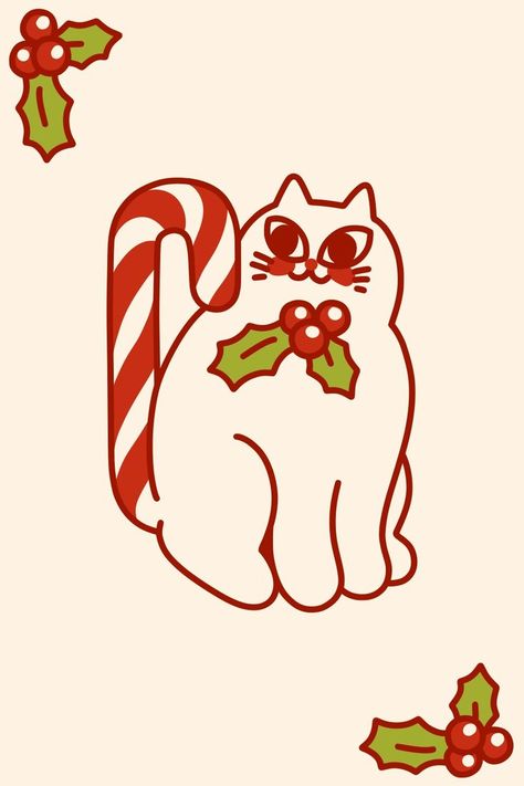 Candy Cane Drawing, Cane Drawing, Tshirt Sticker, Art Tshirt, Shirt Illustration, Cat Holidays, Sticker Cute, Cat Christmas, Cats Illustration